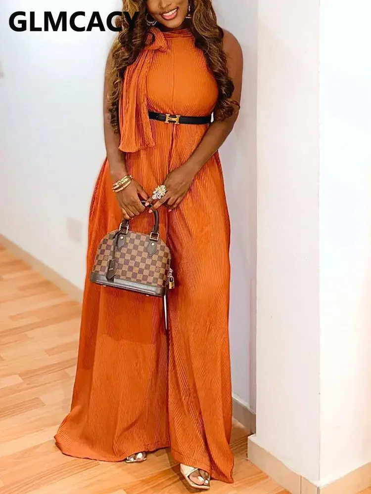 

Women Sleeveless Elegant Wide Leg Pleated Jumpsuit