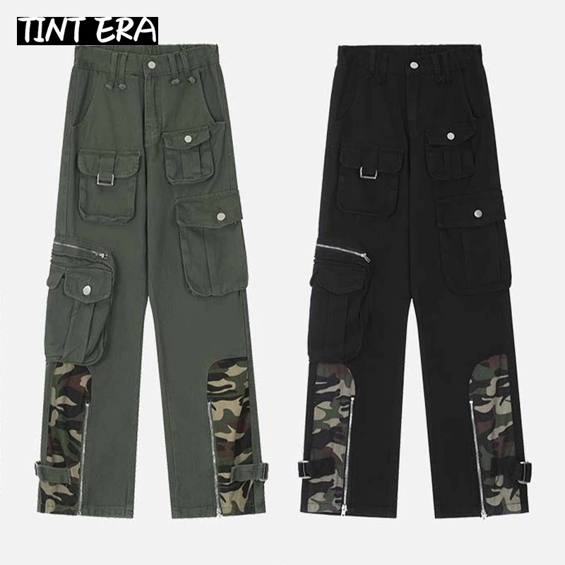 

TINT ERA Camo Cargo Pants Men Patchwork Pockets Camouflage Cargo Trousers Male Green Clothing Fashion Streetwear Hip Hop