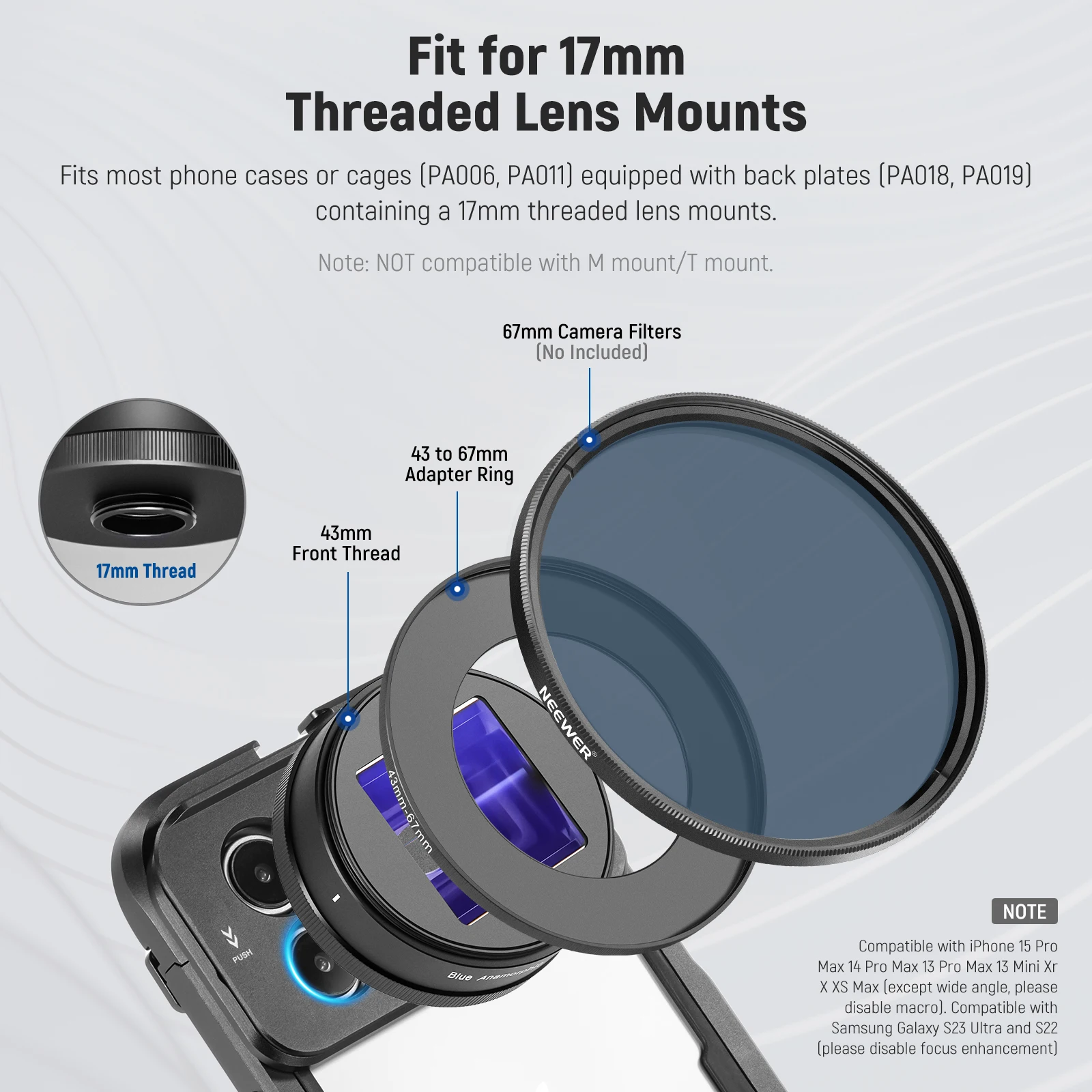 Neewer 아나모픽 휴대폰 렌즈, 아이폰, 삼성 휴대폰 케이지, 67mm 필터 어댑터 링, 17mm 스레드 백플레이트 전용, 1.55X