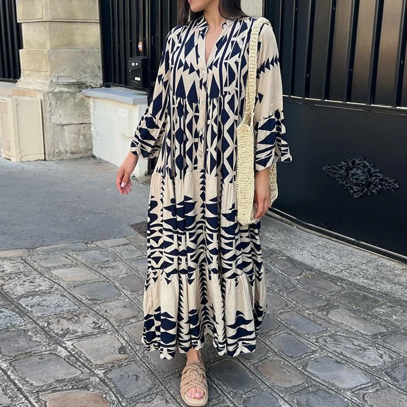 

Spring Retro Geometric Print Pleated Long Dress Women V Neck Button Office Shirt Dress Autumn 3/4 Flare Sleeve Boho Maxi Dresses