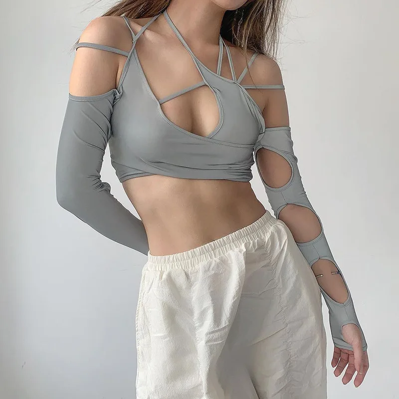 Europe and the United States y2k summer new women's solid color halter halter halter crop back sleeved blouse