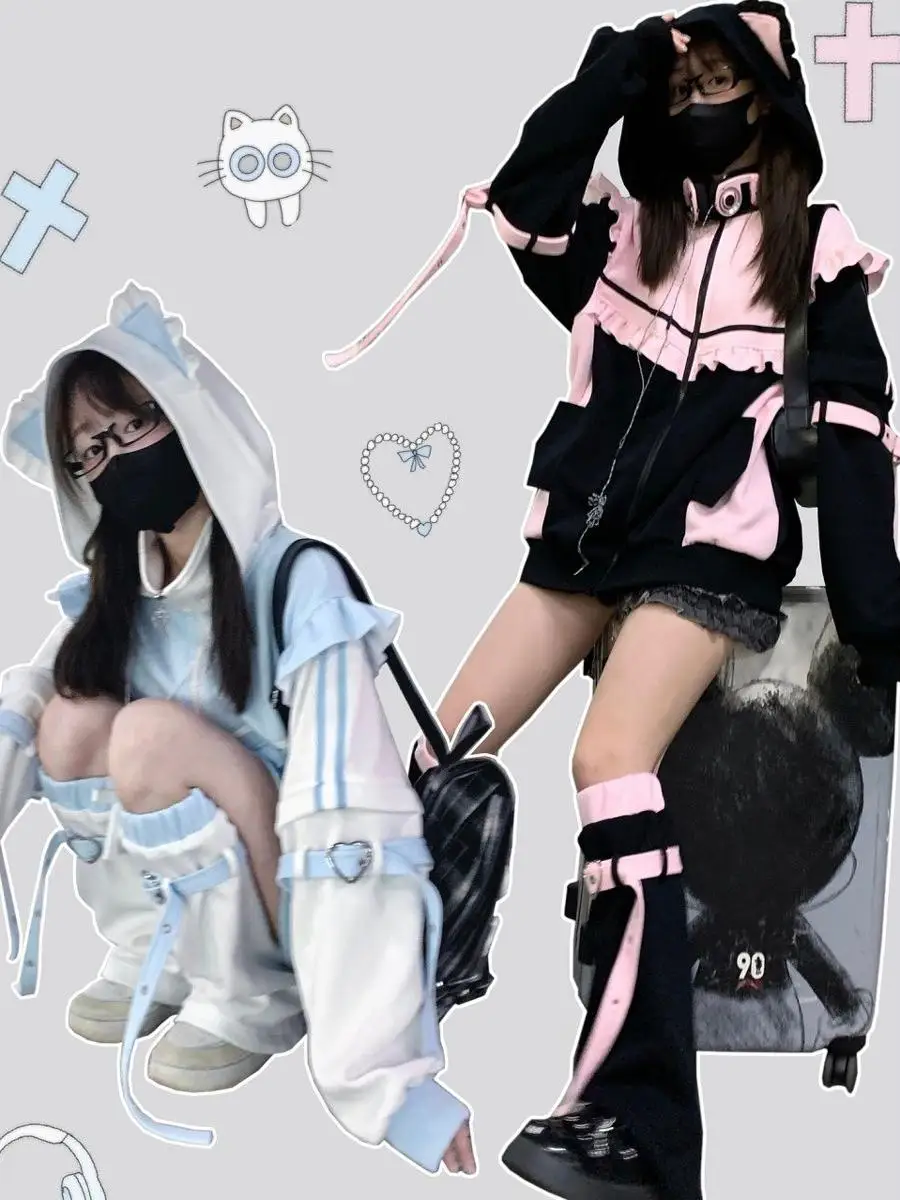 Spring Autumn Thin Fce Subculture Virtual Human Color Blo Long Sve Hoodie Women's Lace Hem Coat Sweet Japanese Sle