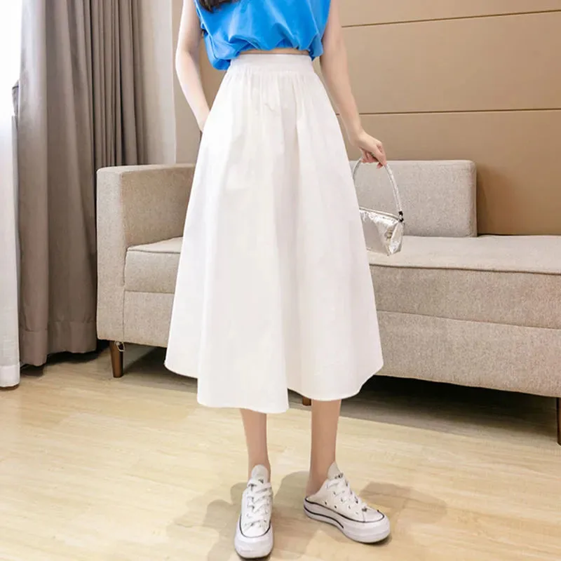 

Japanese Loose A Line Skirts Women Summer Elastic Waist Casual Preppy Solid Midi Skirts Fashion All Match Black Streetwear Skirt
