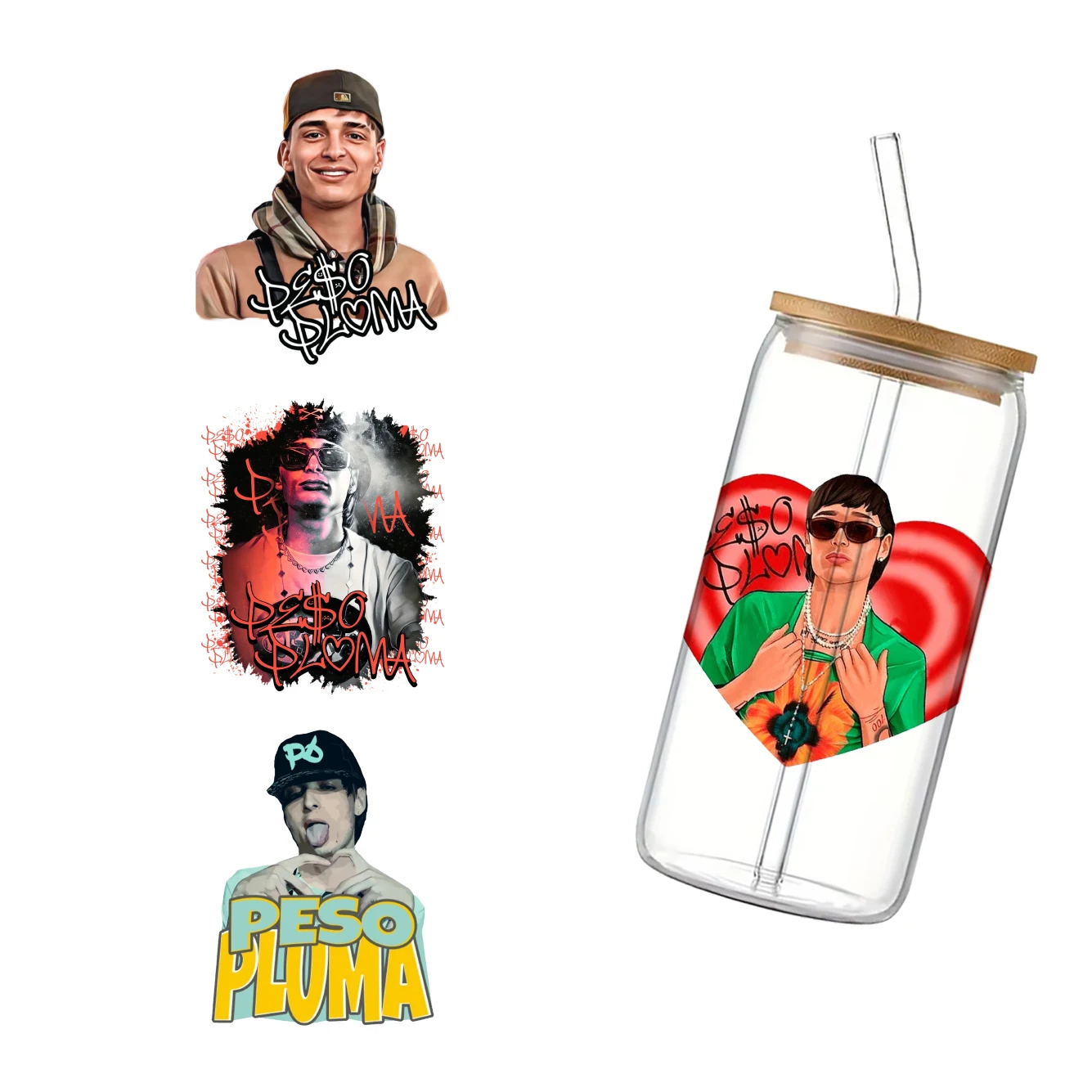 Mexico Peso Pluma Singer For Libbey 16oz Can Glass 3D Waterproof UV DTF Coffee Can Wrap Libbey Glass Wrap 11X11CM