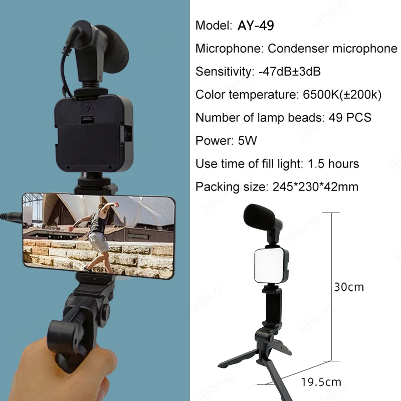 Smartphone Video Kit Microphone Bracket Photography Lighting Phone Holder LED Selfie Tripod Recording Handle Portable Stabilizer smartphone photography kit