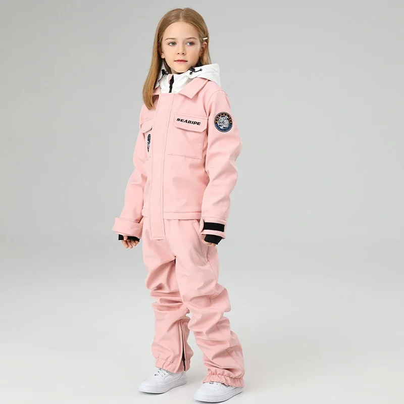 Winter Ski Suit Girls Hooded Windproof Sport Kids Snow Overalls One Piece Outdoor Children Boy Snowboard Pants Costume Clothes