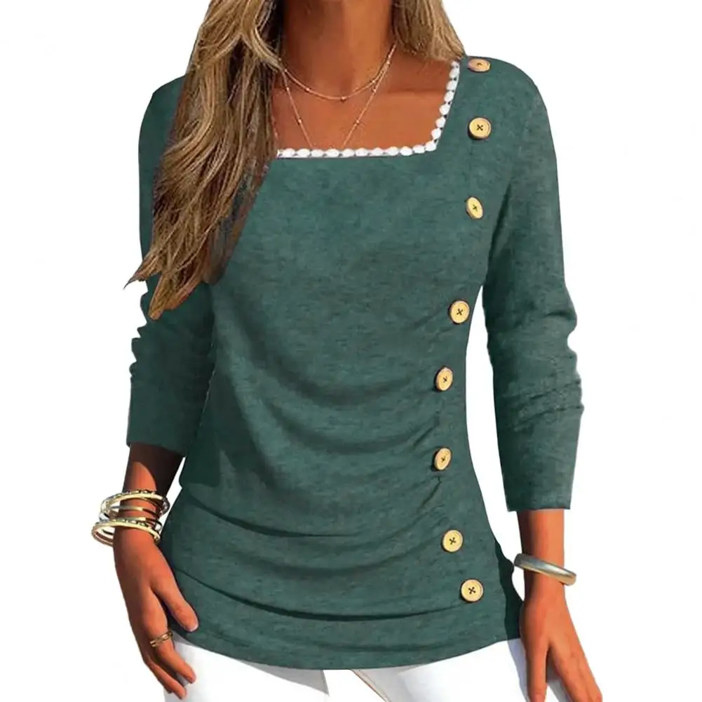 

Повседневная Женская блузка, осенняя блузка с квадратным воротником и длинным рукавом, кружевной декольте, украшение на пуговицах, приталенный силуэт, плиссированный женский топ, уличная одежда