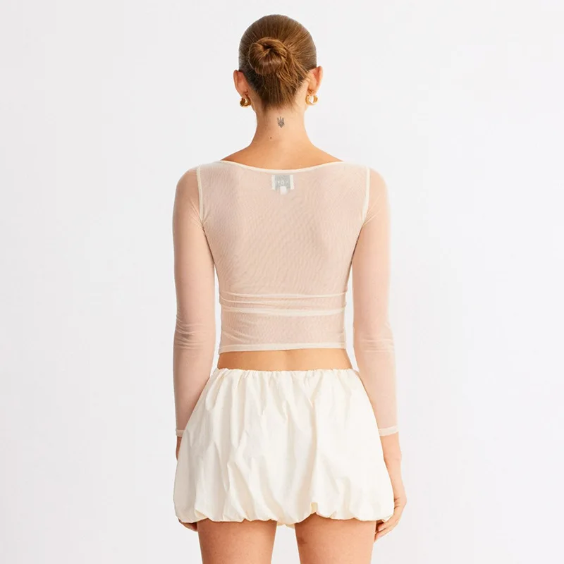 Summer See-Through Mesh T-shirt Top Women Pleated Patchwork See-Through Slim Cropped Top Tee Female Solid T-shirt Pullover