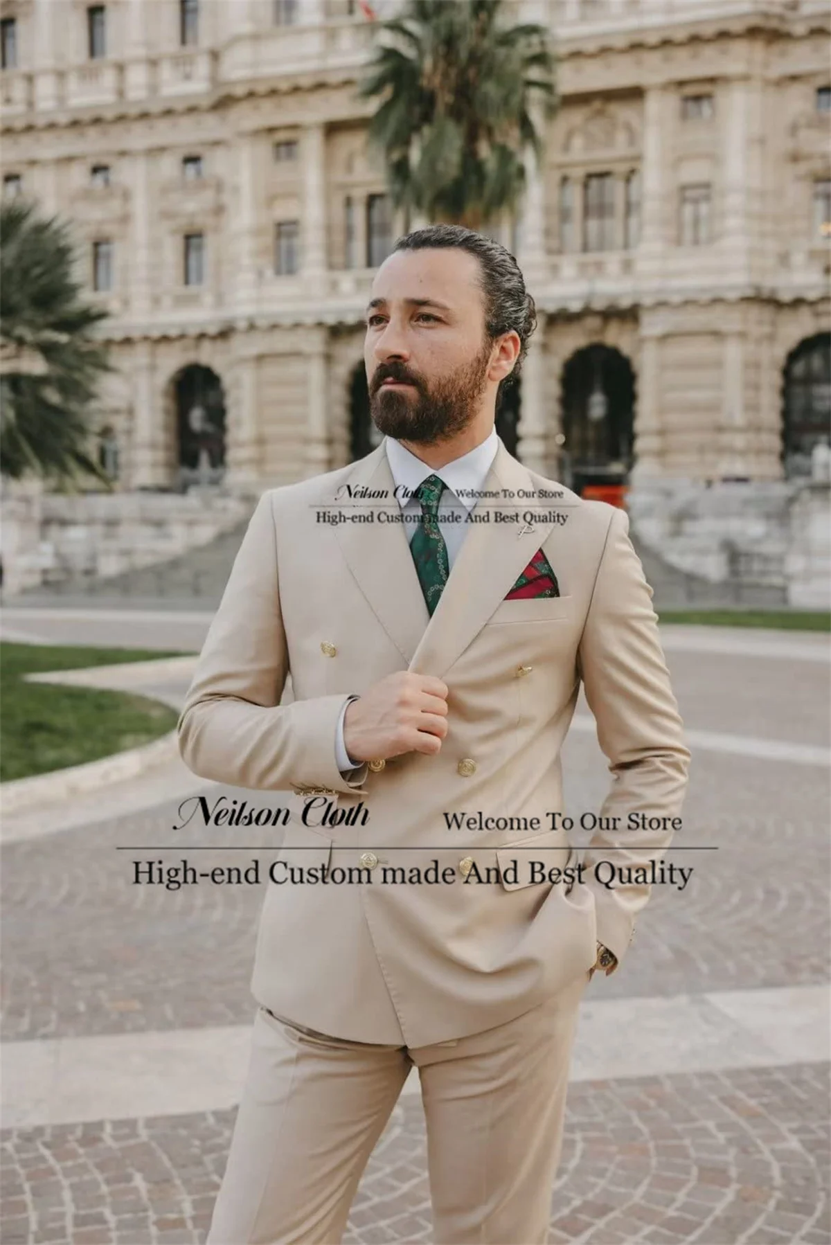 

Деловые Бежевые мужские костюмы с заостренным воротником, двубортные мужские бриджи, комплекты из двух предметов, мужской облегающий костюм