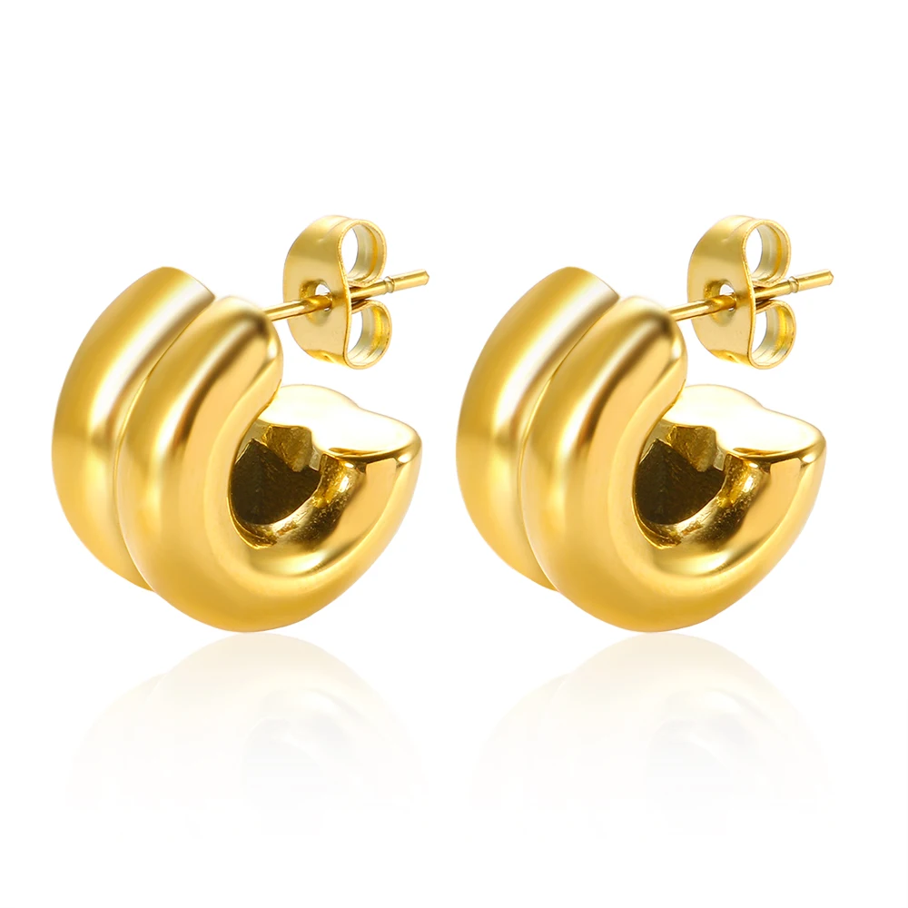 Stainless Steel PVD Gold Color Hollow Design Chunky Stud Earrings for Women Girl Fashion Simple Wholesale Ear Jewelry Gift