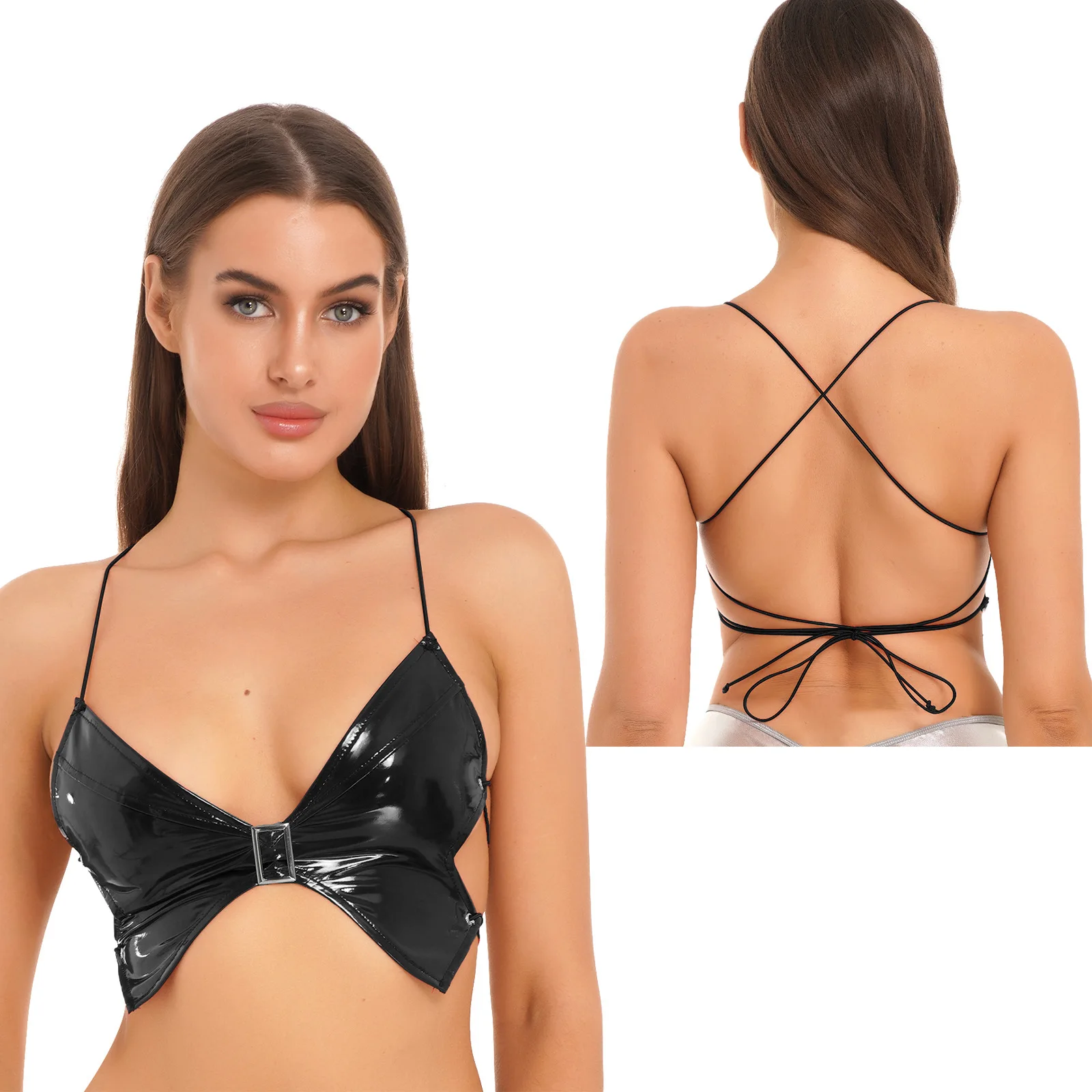 thumbnail image 1 of Top de corsé de látex para mujer para fiesta de pole dance, sujetador sin aros de charol con efecto mojado, camisola con tirantes anchos para los hombros, 1 of 5