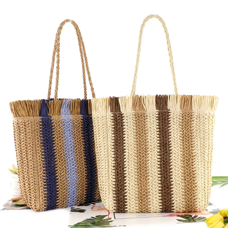 

Fashion Straw Woven Shoulder Bag Stripes Handmade Summer Beach Top-handle Handbag Travel Holiday Women Vacation Shopper Totes