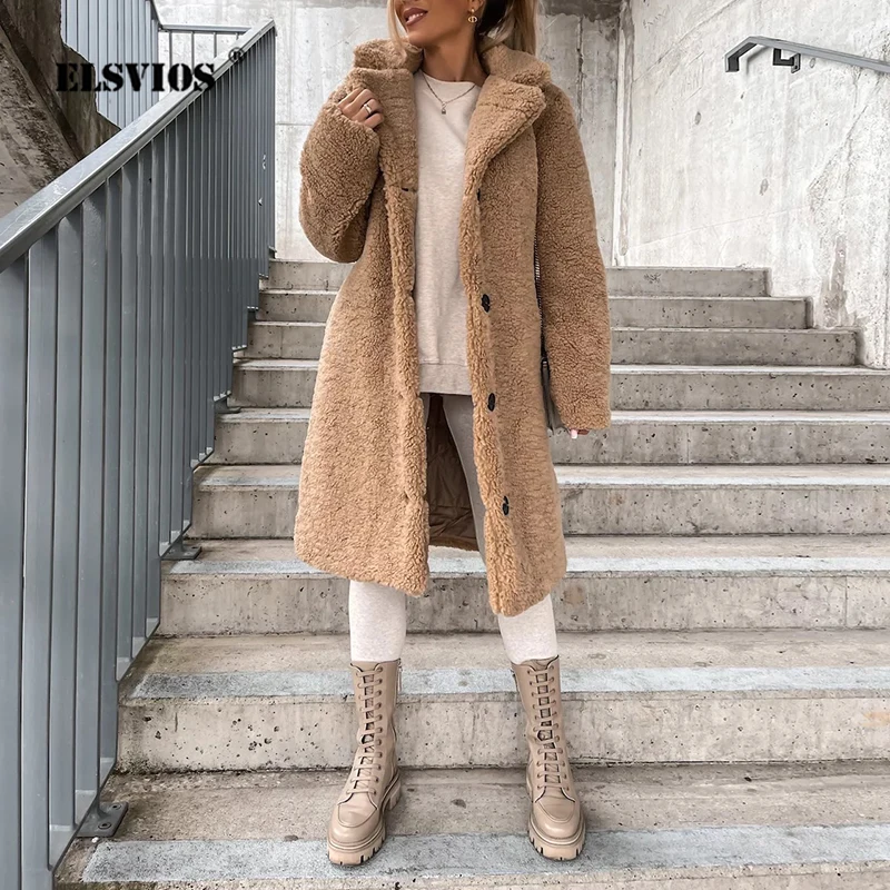 

Winter Elegant Commute Lady Fleece Long Coats New Casual Solid Color Buttons Women Jackets Fashion Office Female Party Outwear
