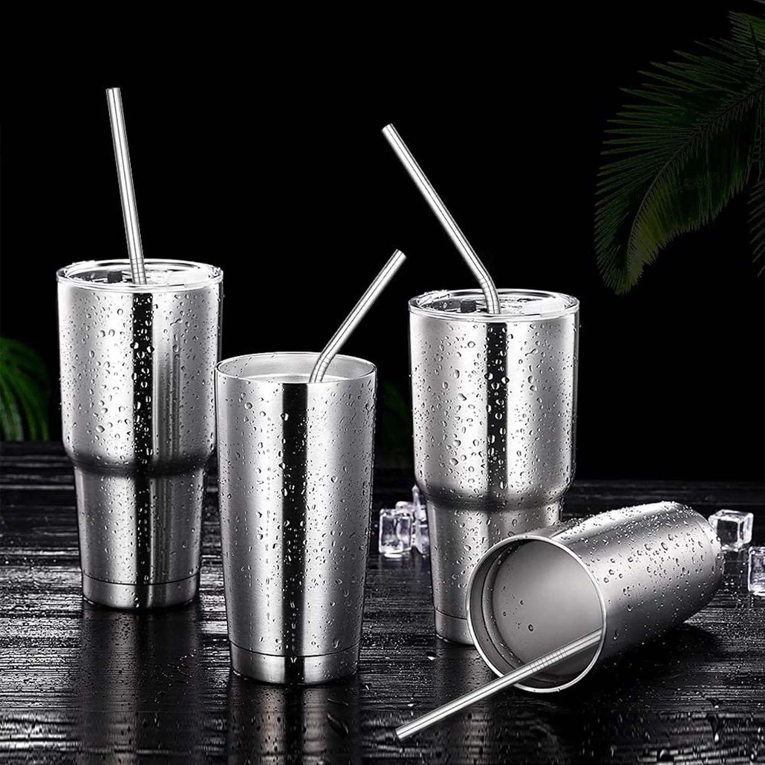 Set of 4 Reusable Metal Straws, Long Stainless Steel Straw with Cleaning Brushes and Case, Drinking for 30 oz and 20 oz Tumblers
