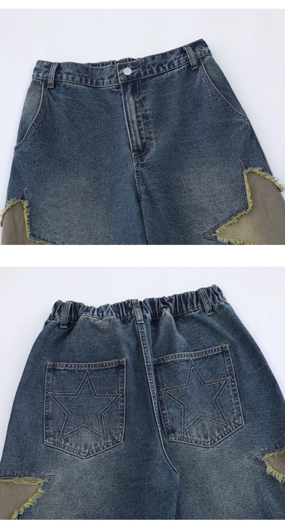 S69b8eff74156411495d47312e2c827b4y Retro Star Splicing Denim Shorts, Men Summer Harajuku Streetwear Jeans Shorts Fashion Casual Loose Blue Denim Shorts Unisex Mallzona