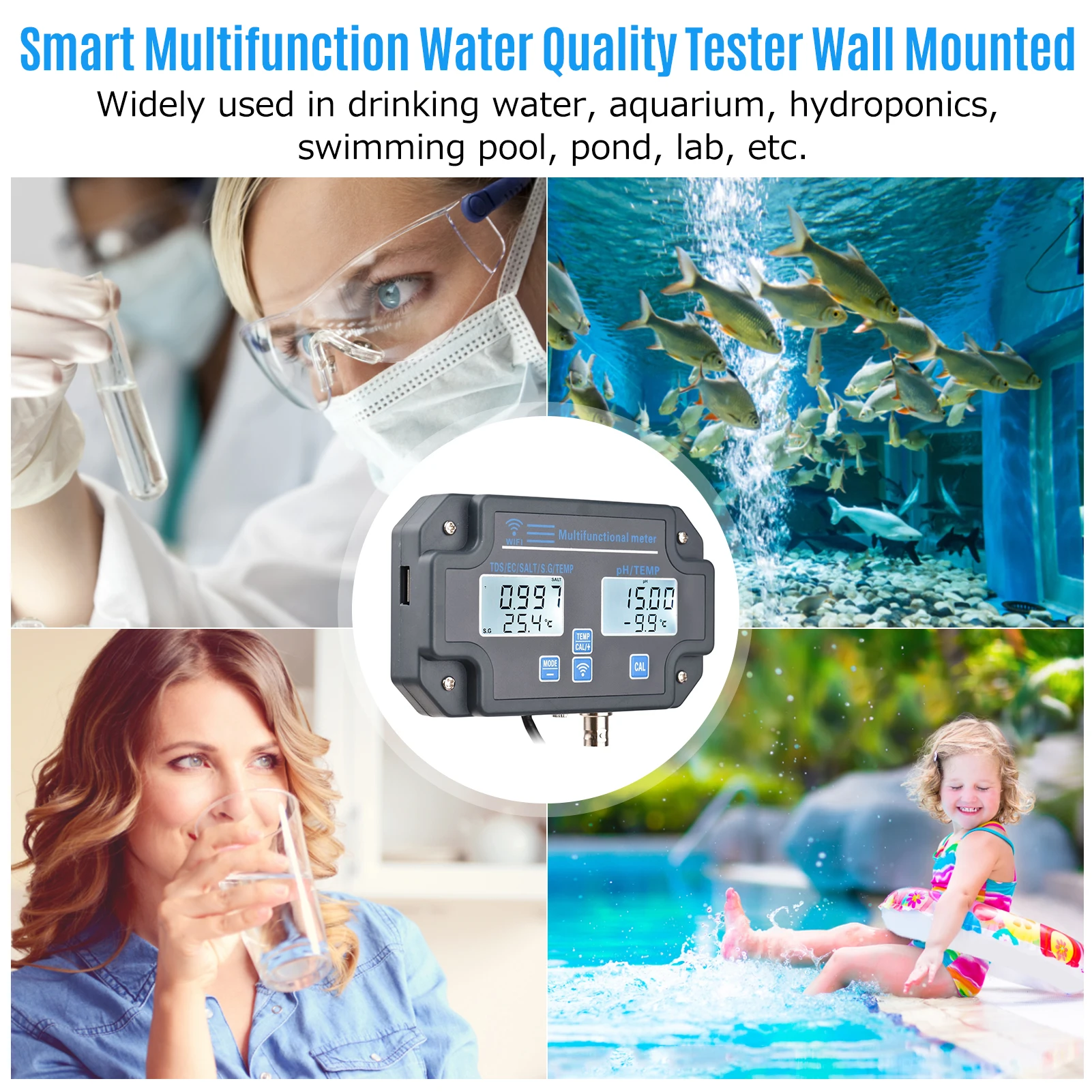 fowler caliper Wifi 6 in1 Water Quality Tester Wall Mounted Water Analyzer PH/EC/TDS/SALT/G.S/Temperature APP Remote Monitoring Sound Notice radiation survey meter