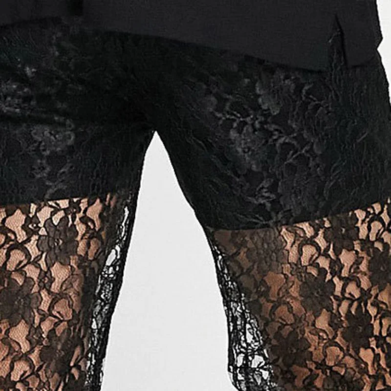 European American Men Casual Pants Sexy Black Lace Trousers Show Dress Mesh Cut Out Bell-bottoms Moletom Masculino Pantalon New