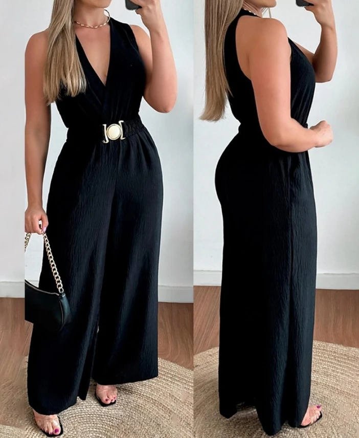 

Fashion 2024 Summer Women Jumpsuit Elegant Casual Solid Color Plunge V-Neck Sleeveless High Waisted Wide Leg Jumpsuit With Belt