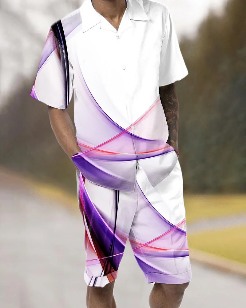 

2023 fashion streamer 3D printing two-piece men's lapel button short sleeve shirt and shorts suit men's summer casual wear 4XL