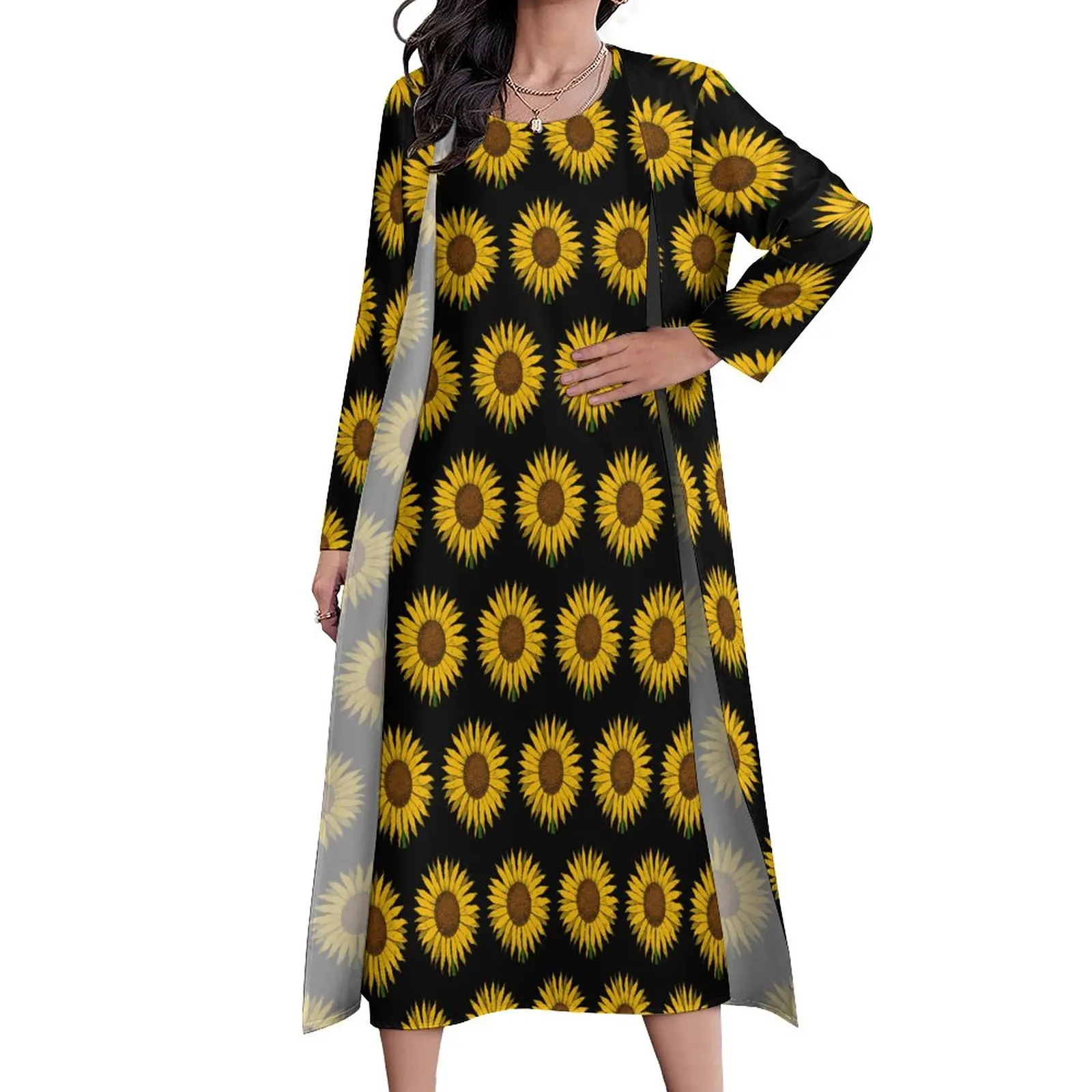 

Yellow Flower Dress Sunflower Print Modern Maxi Dress Street Fashion Boho Beach Long Dresses Spring Long Sleeve Design Clothes