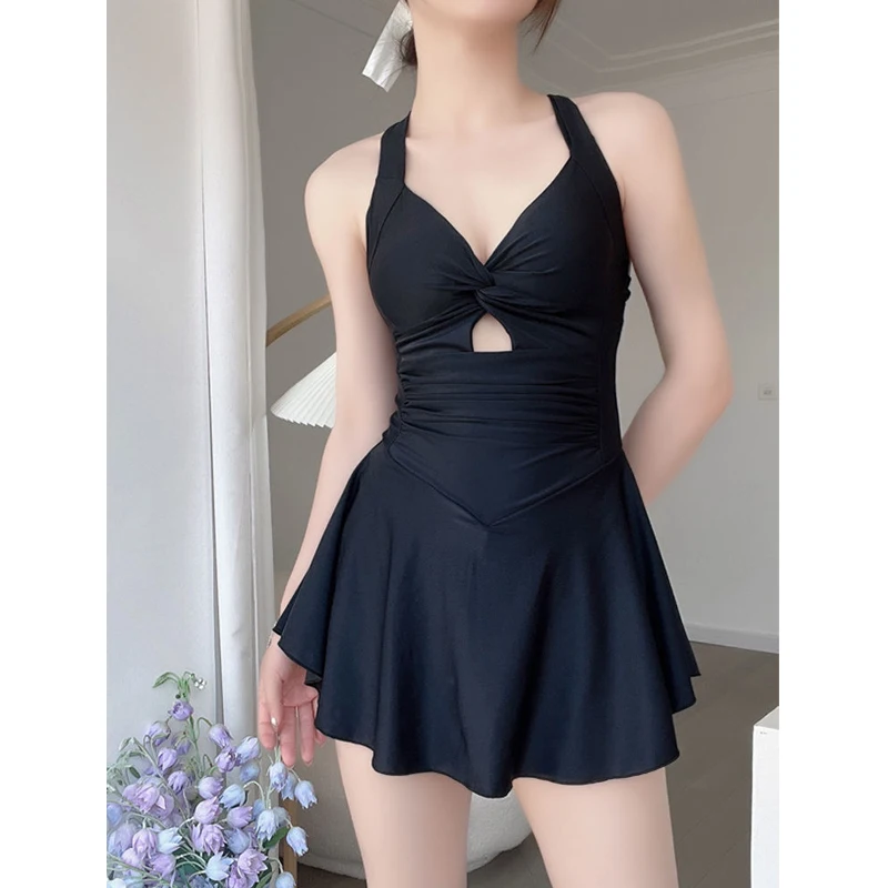 Women Halter Sexy Hollow Irregular Swimsuit Summer V Neck Ruched Solid One Piece Push Up Mini Dress Swimwear Beach Bathing Suits