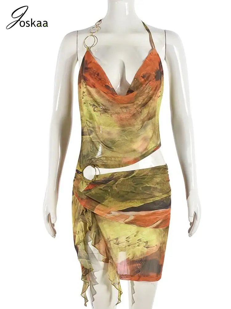 Joskaa Colorful Print Mesh Cutout Irregular Dress Women