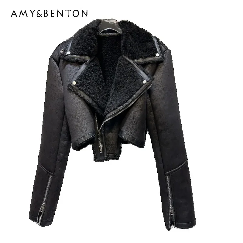 2023 Winter Autumn Streetwear Style Lapel Zipper Cuff Texture Fur Integrated Jacket Short Leather Coat Women Jaquetas Feminina