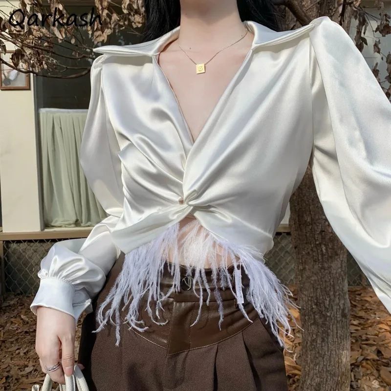 

Long Sleeve Blouses Women V-neck Solid French Style Hotsweet Cropped Tops Tassel Aesthetic Streetwear Designed Mujer Ins