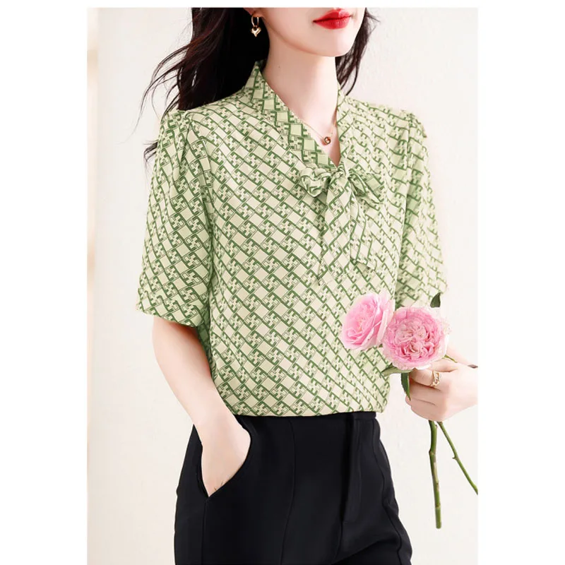 2024 Summer New Women\'s Printed Scarf Collar Bow Pullovers Fashion Elegant Versatile Commuter Slim Half Sleeve Chiffon Tops