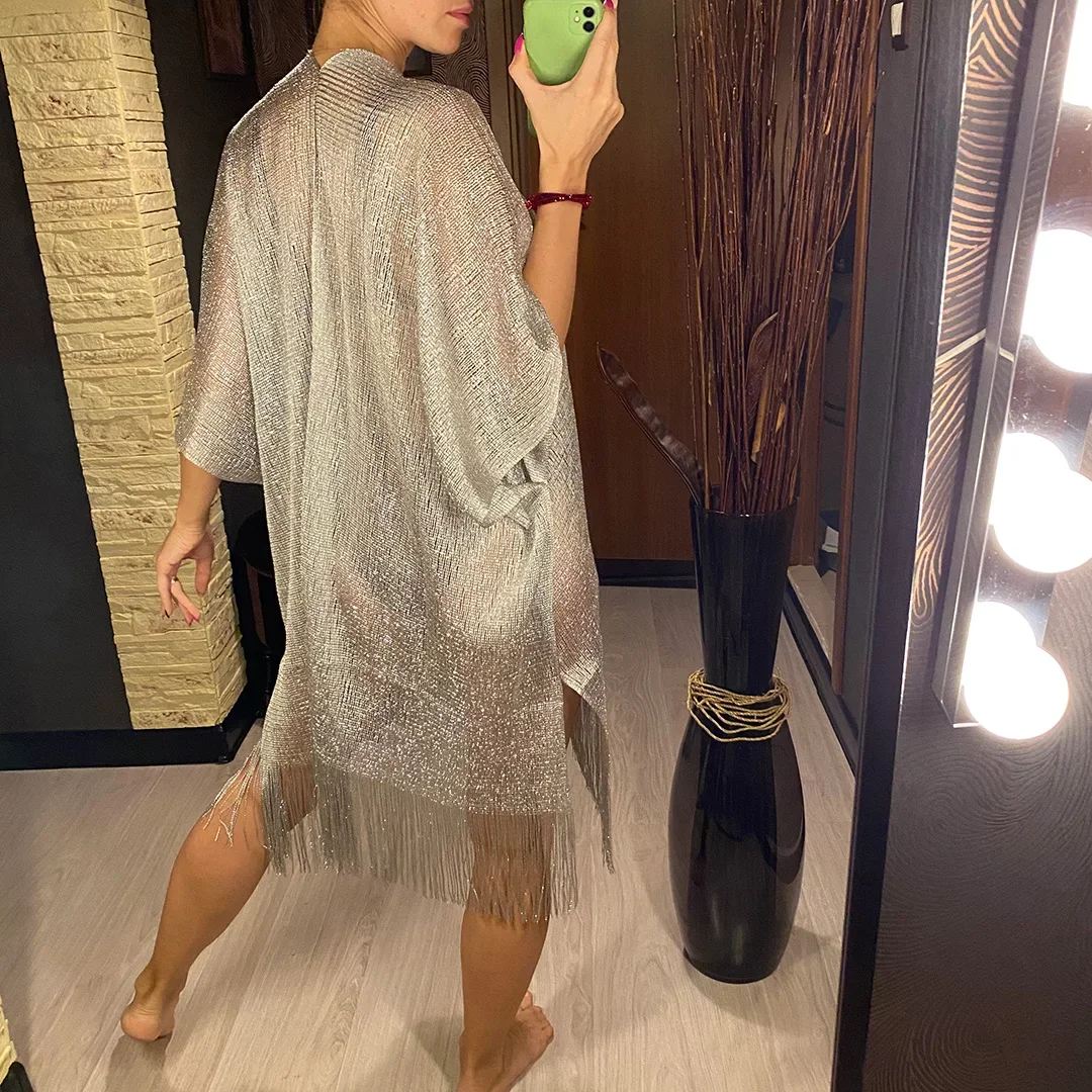Sexy Fringe Tassel Mesh Sheer Shiny Knitted Tunic Beach Cover Up Cover-ups Beach Dress Beach Wear Beachwear Female Women
