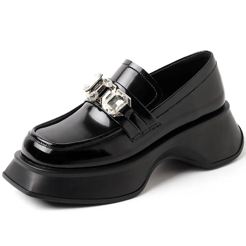 

New Autumn Women's Loafers Shoes CRYSTAL Decoration Platform Thick Bottom Thick Heel Square Toe Heightening Pumps 11201232