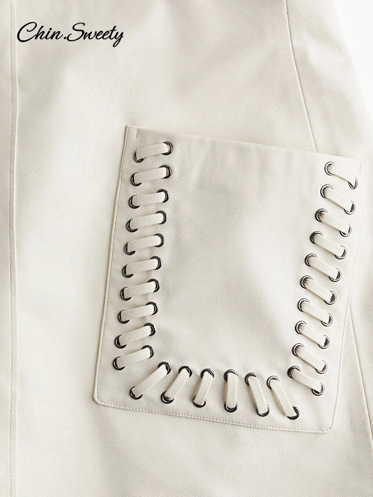 Fashion Leather Mini Skirts For Women Bandage Pockets Hip Pockage A-line PU Skirt 2025 Spring Summer Lady Party Club Gowns ﻿