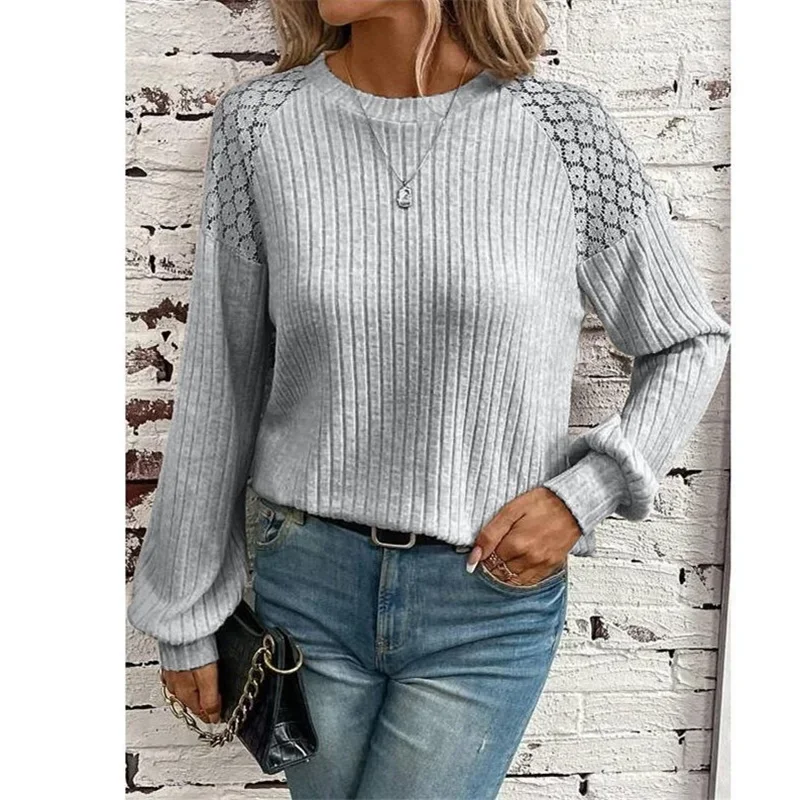 Fashion Lace Spliced Shoulder Women Sweatshirt Solid Color Pit-stripe O Neck Hoodie Female Autumn Winter Comfortable Casual Tops