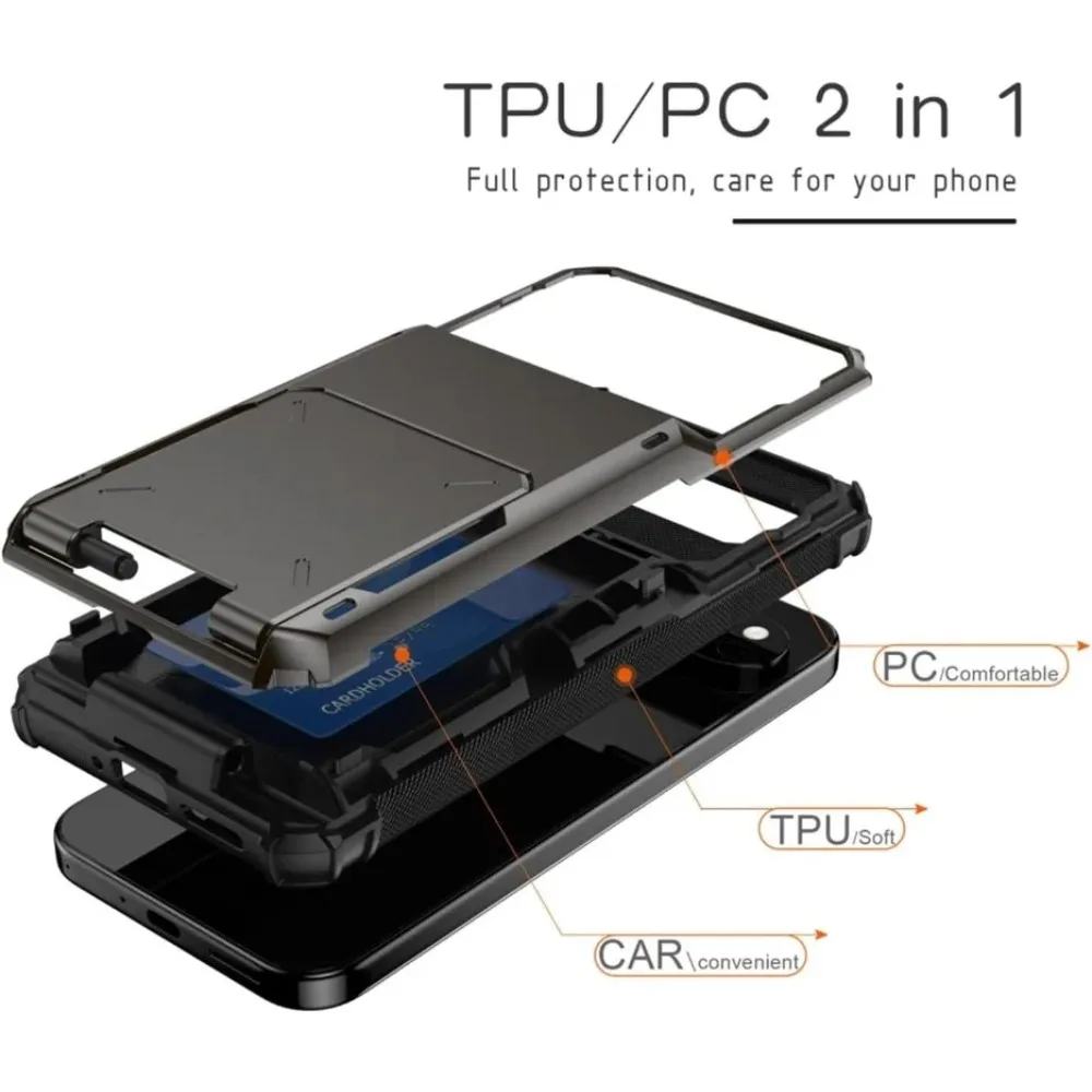 Durable 2-in-1 Armor Card Holder Hard Case with Hidden Flip Slot, Shockproof Back Cover