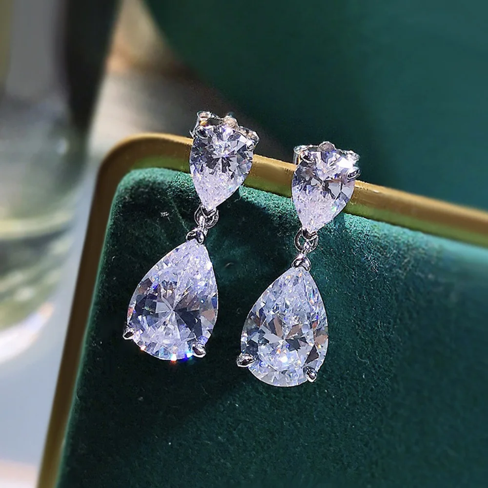 Huitan Crystal Water Drop Cubic Zirconia Dangle Earrings Silver Color Temperament Drop Earrings for Women Wedding Trendy Jewelry