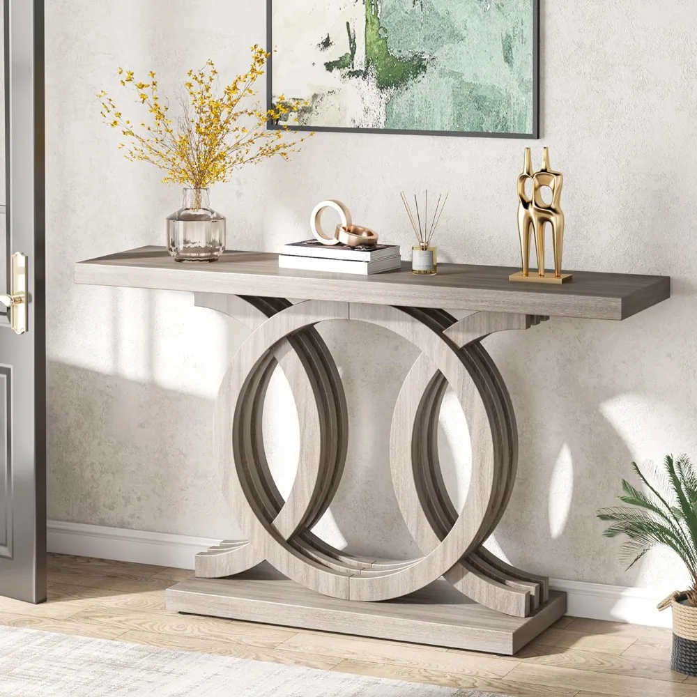 

Console Table with Geometric Base, Farmhouse Hallway Table, Wooden Entryway Table, Vintage Sofa Table, Unique Long Accent Table