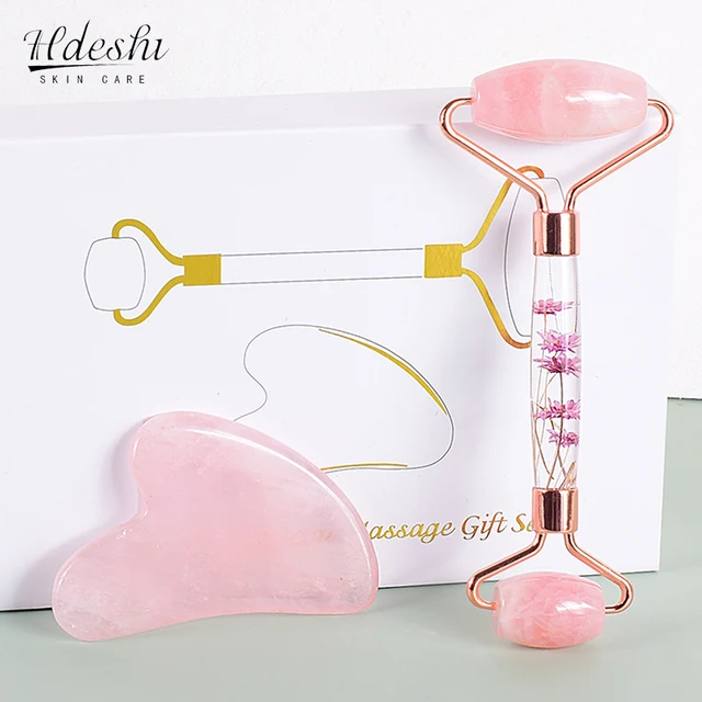 Rodillo facial de jade y Gua Sha natural: Kit Rose Quartz Duo | Emoape