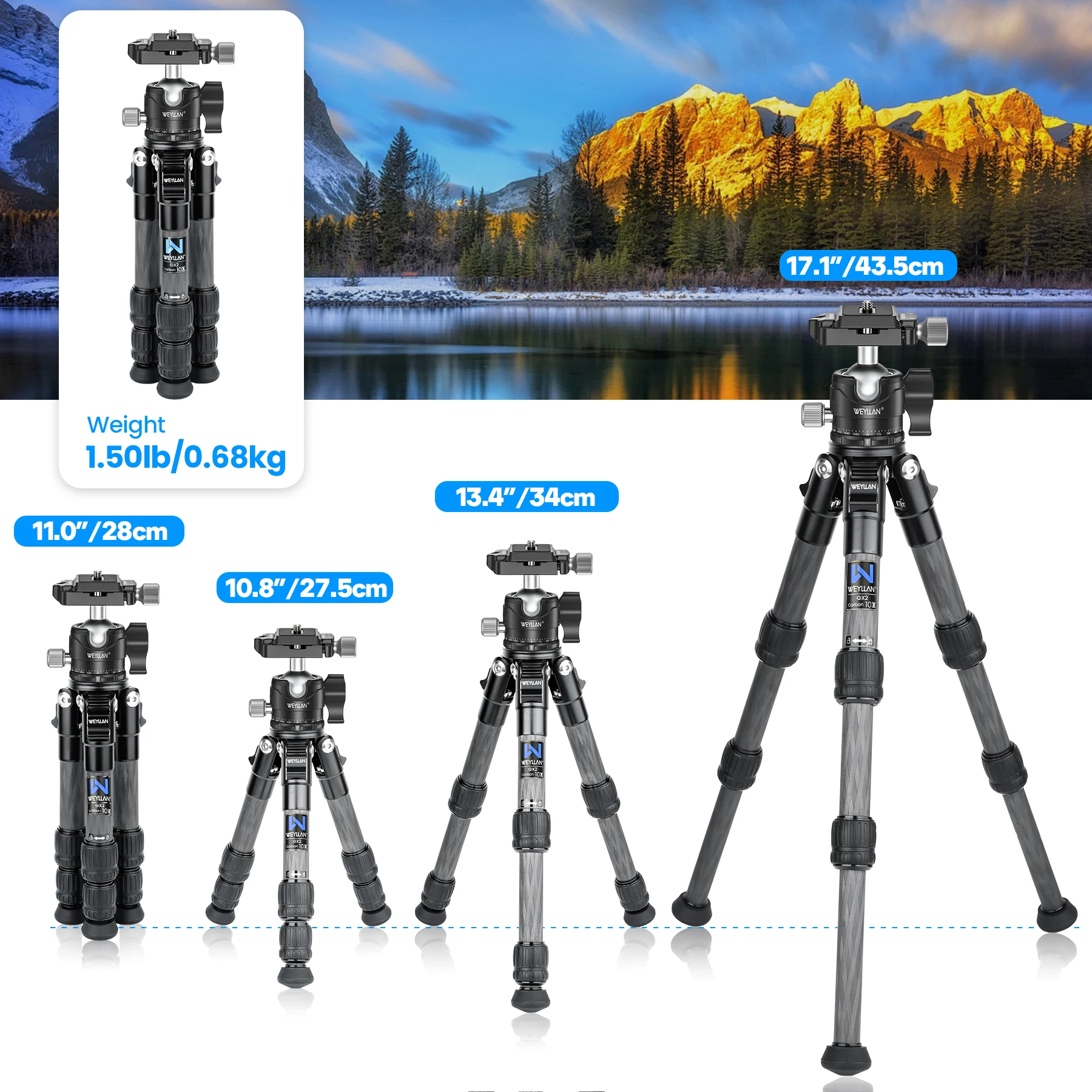 GX2 Carbon Fiber Tripod Compact Lightweight Portable Tabletop Tripods 360° Ball
