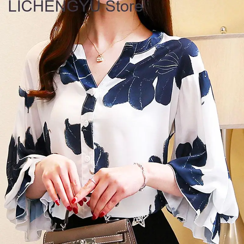 

New Womens tops and blouses plus size white blouse harajuku ladies tops chiffon blouse V-Neck Floral Puff Sleeve shirts