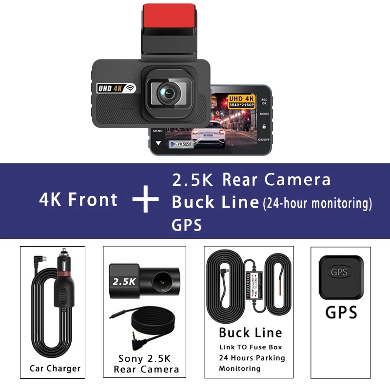 4K + 2.5K داش كام واي فاي ADAS GPS كاميرا DVR للسيارة عدسة مزدوجة داشكام محرك فيديو مسجل تسجيل الصندوق الأسود AI سائق المساعدة