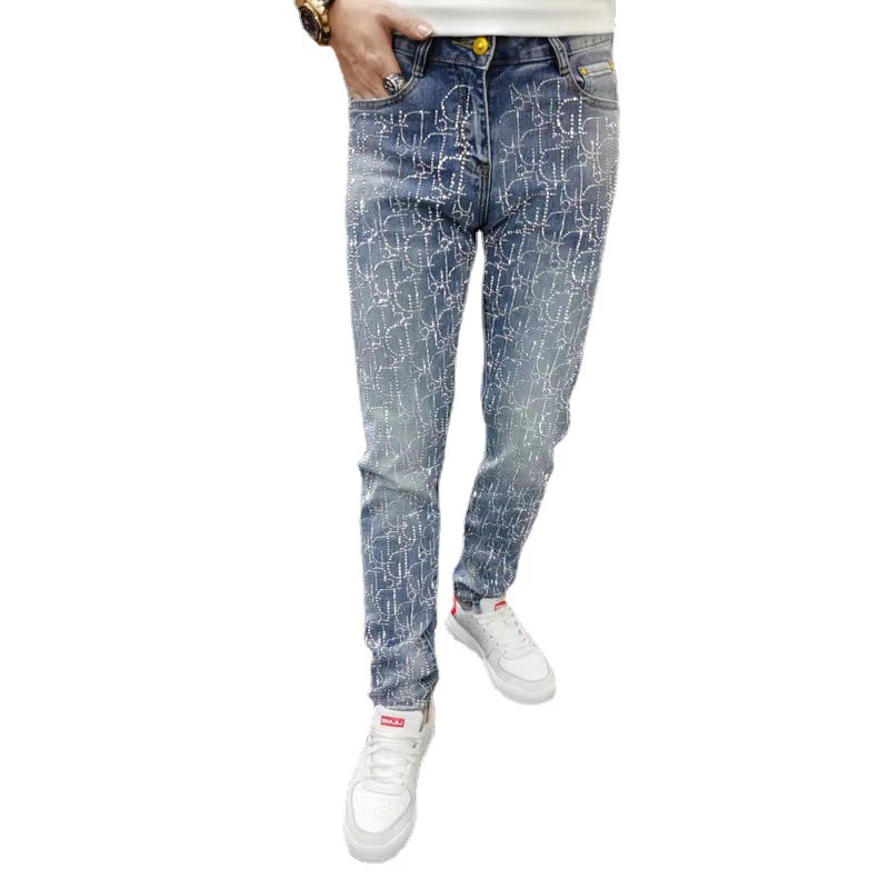 Bag Diamond Letter D Embroidered Jeans Men's High Street Vintage Feet Tight Luxury Pants Gold Silk High Elastic Reflective Slim