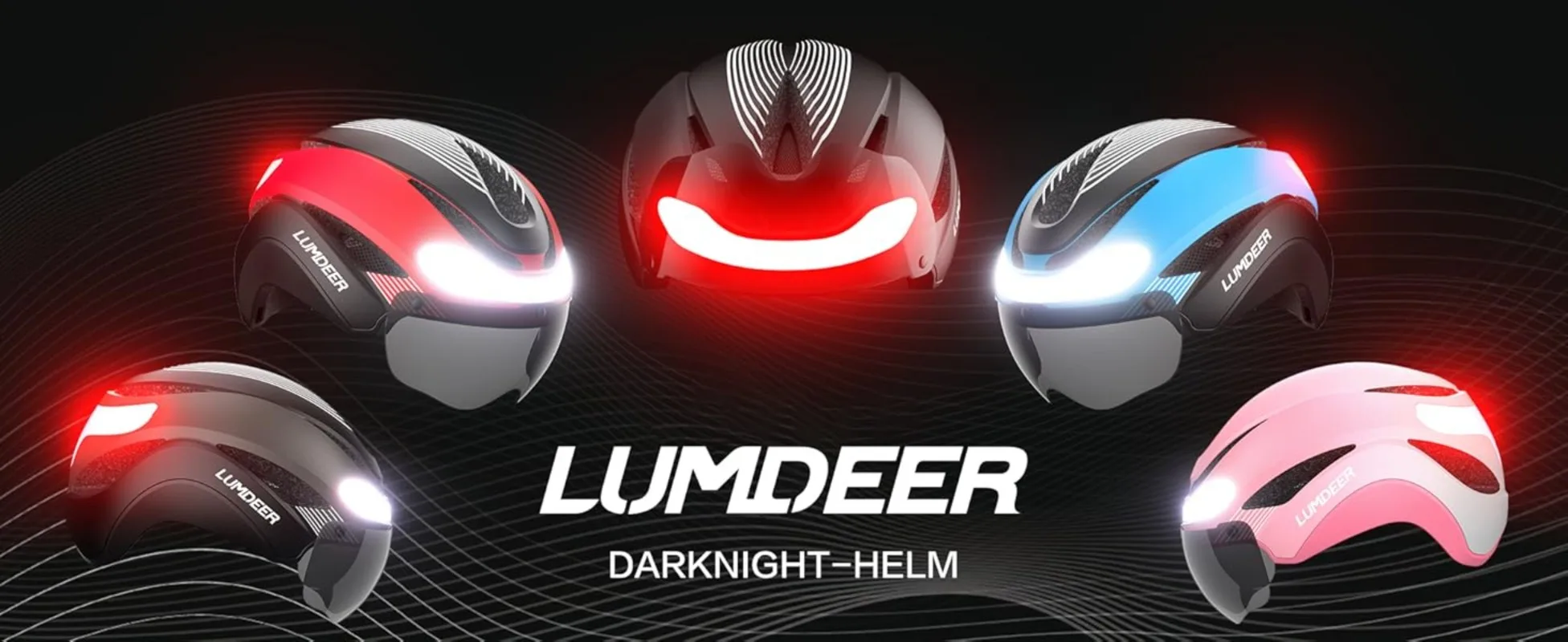 Der Text lautet „LUMIPER“. Serie von Sportbrillen oder Brillen mit beleuchteten Elementen in Rot und Blau, dargestellt vor dunklem Hintergrund.