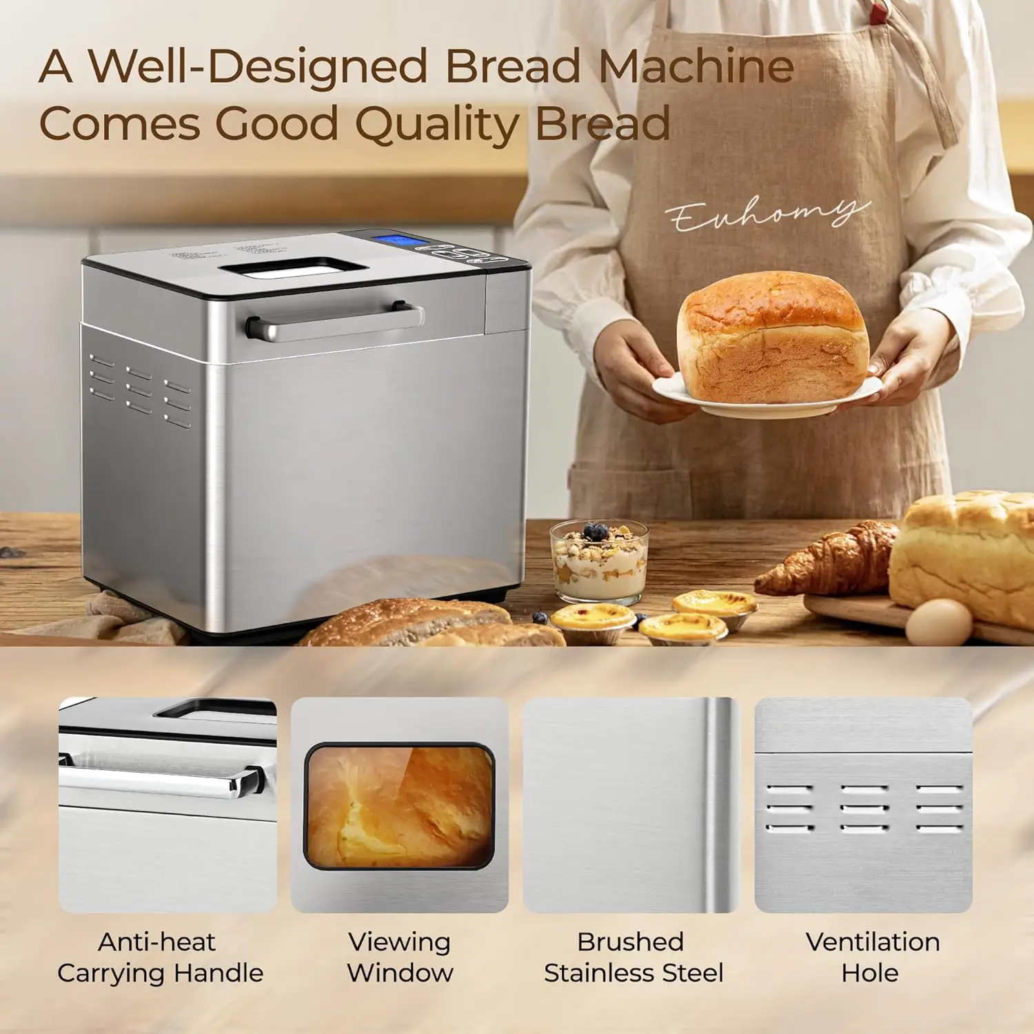 Bread Maker Machine 13-in-1 Bread Machine, Dough Maker, Auto Nut Dispenser & Ceramic Pan, 2LB and 3 Loaf Sizes & 3 Crust 6