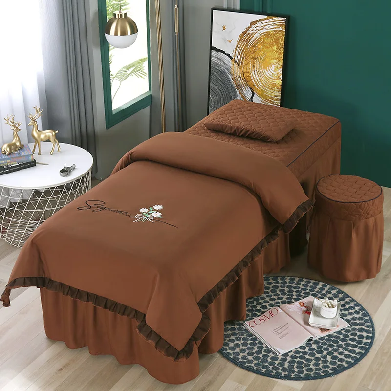 4pcs Lace Bedding Sets for Beauty Salon Massage Spa Tuina Sabnanas Bedskirt+Pillowcase+stool Cover+ Duvet Cover Beddings Sets