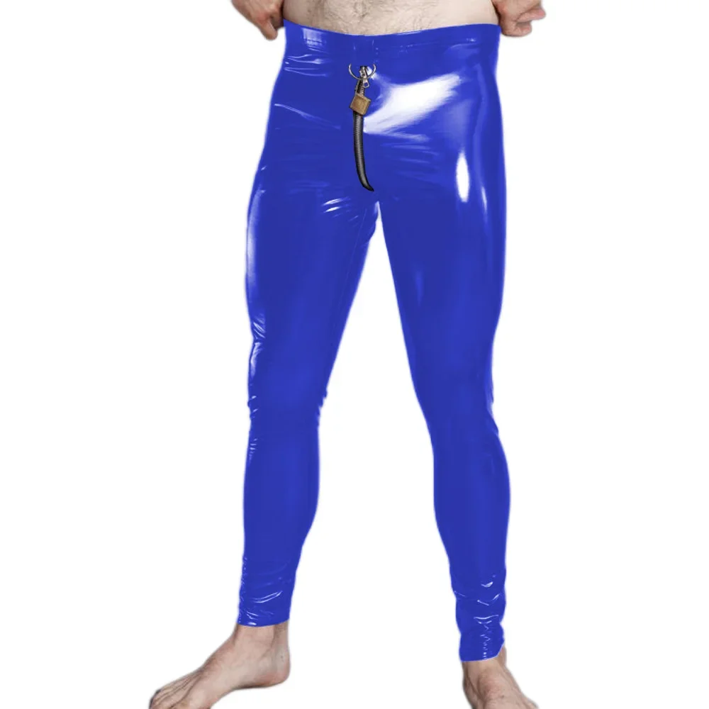 New Men Front Zipper Bright Faux Leather Tight Pants PVC Elastic Performance Trousers Sexy Leggings With lock fetish wear pants