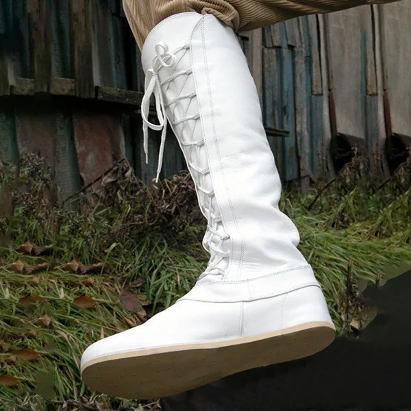 Mittelalter liche Retro Frauen Männer Leder Ritter Stiefel kniehohe flache Schuhe Mode runde Zehen Rom lässig Vintage Bandage Stiefel Größe 34-43 – Detail 12