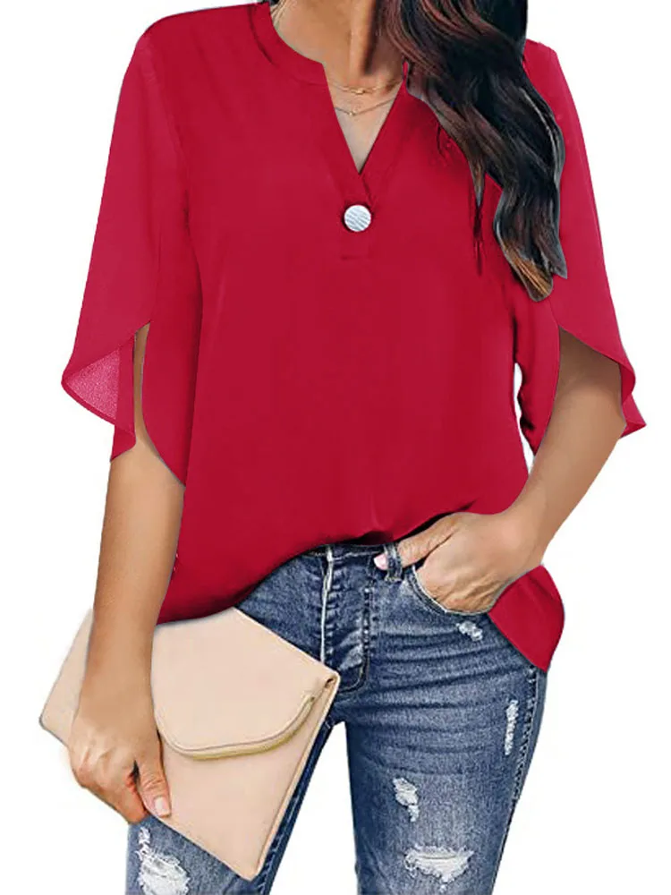 Women Chiffon V Neck Loose Blouse Top Summer Casual