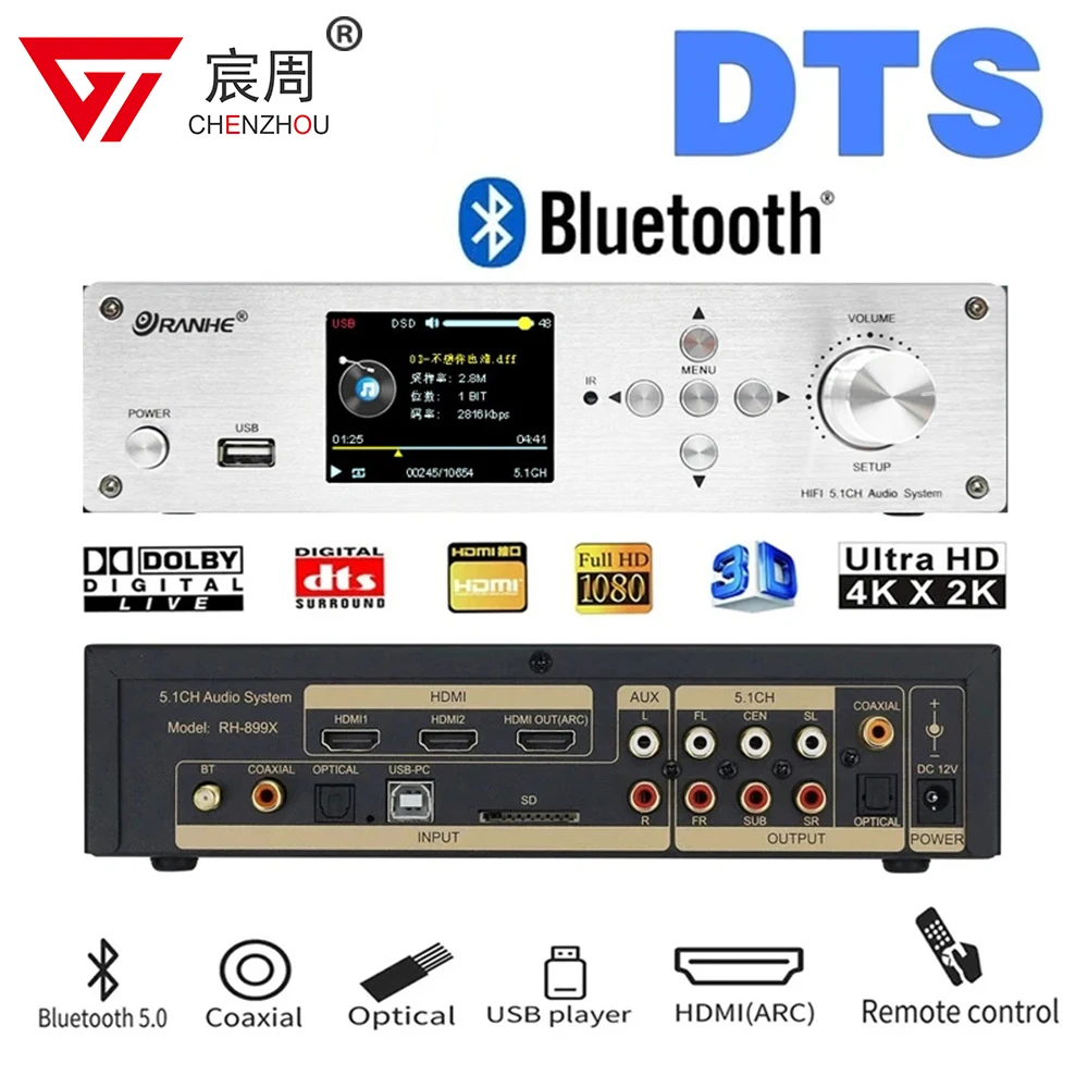 5.1-канальный аудио декодер USB U диск воспроизведение музыки без потерь Bluetooth 5,1 волоконно-коаксиальный аудио декодирование 6-канальный выход AC3 SPDIF