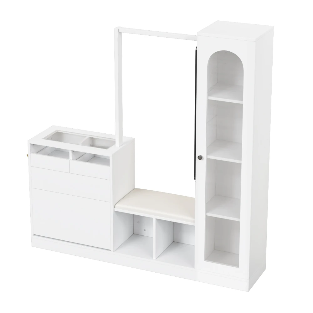 6-in-1-Multifunktions-Kleiderschrank-Set – Friseurtisch, Schuhbank, Klappschrank und Glasvitrine mit LED, praktischer Aufbewahrung zu Hause – Detail 19