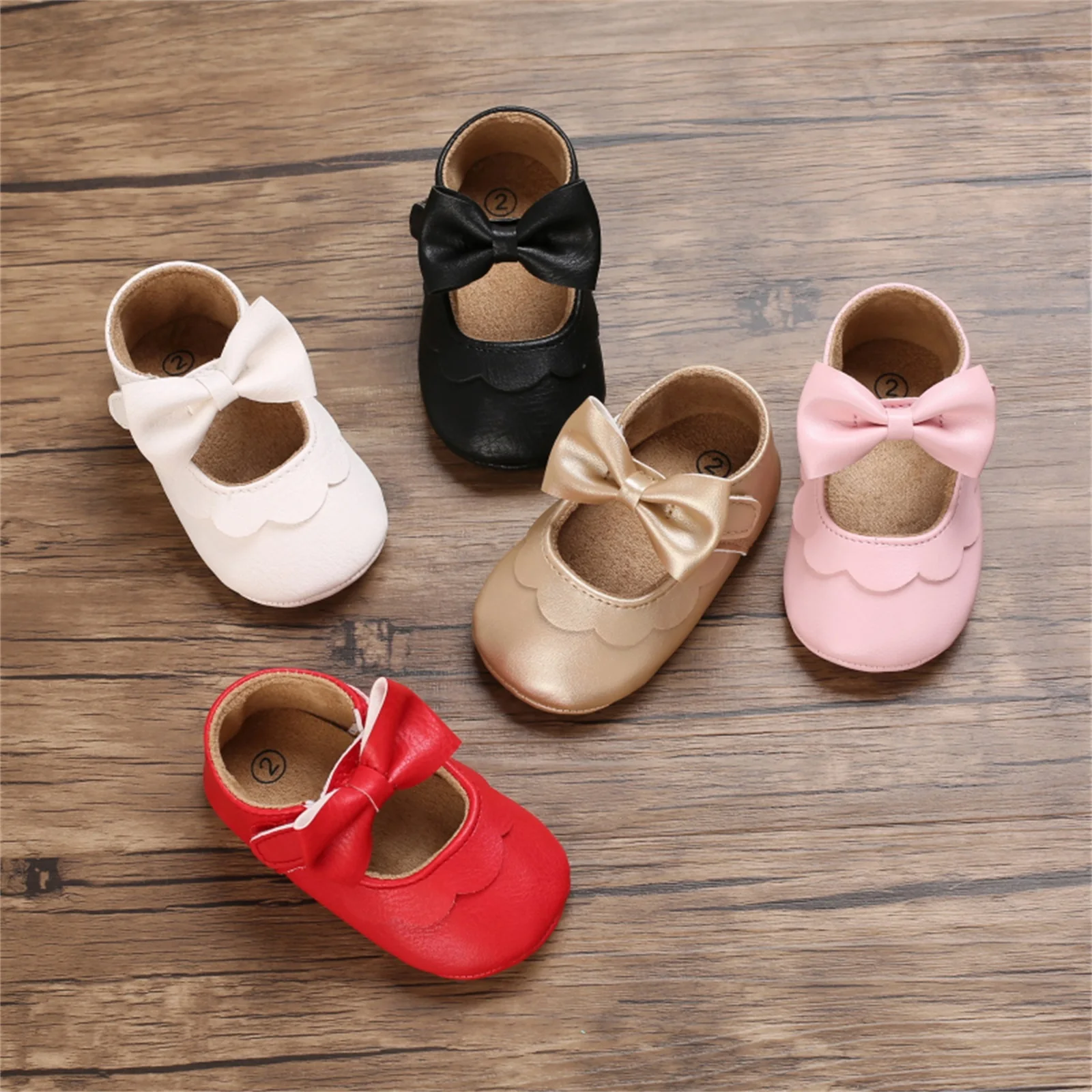 Newborn Baby Girls Mary Jane Flats Elegant Princess Bowknot Dress Shoes Non-Slip Crib Shoes for Infants Toddlers Solid Color